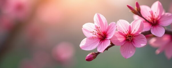 Obraz premium Delicate pink flowers sway gently in the breeze, spring, pink flowers