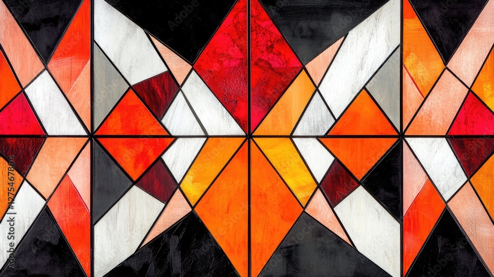 Poster A dynamic pattern of geometric shapes and angular reflections, creating a bold and vibrant background with sharp lines and energetic contrasts
