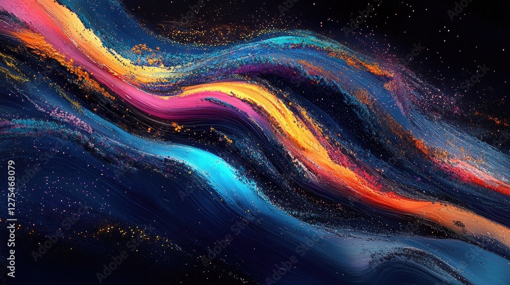 Poster a dynamic wave of colorful digital particles flows in a sleek design, symbolizing energy and innovat
