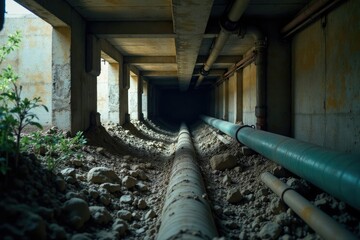 Pipes under concrete for underground well discharge, excavation equipment, hidden, concrete