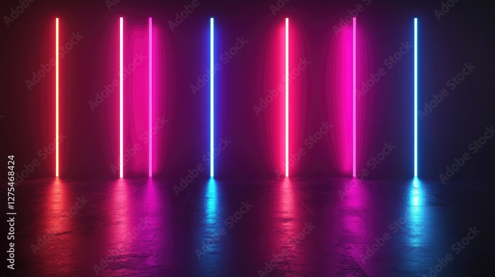Poster A futuristic 3D render of neon lights glowing against a dark background, with vibrant colors and deep shadows creating a high-tech, dynamic atmosphere