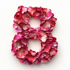 Number 8 made of delicate flower petals in shades of pink and red isolated on a clean white background