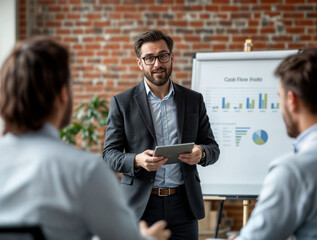 Businessman presenting cash flow projections for potential investors