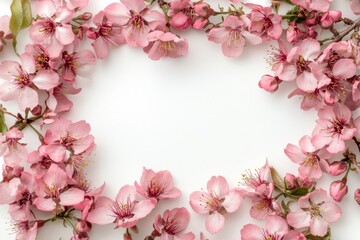 Pink blossom frame, white background, spring, floral design, greeting card