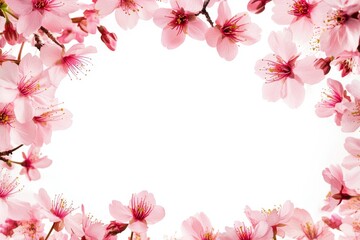 Fototapeta premium Pink cherry blossoms frame, spring floral border, white background, design element