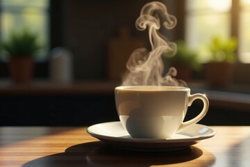 Rising steam from a freshly brewed cup of coffee, steam, kitchen