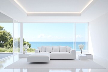 Fototapeta premium Modern living room large window ocean view white sofa