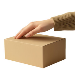 Mockup of hand holding a plain brown box isolated on a transparent background.