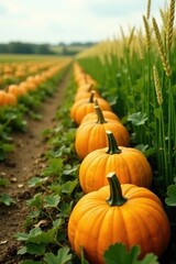 Row of yellow green pumpkins in a field with wheat stalks swaying gently, pumpkins agriculture farm field landscape nature crops wheat autumn, pumpkins