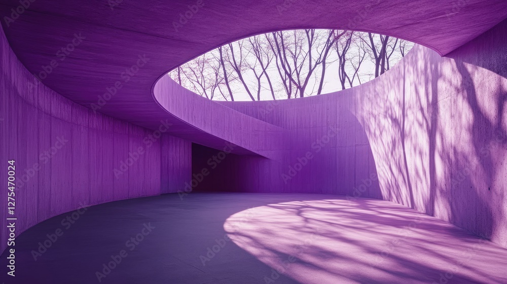 Poster A minimalist purple concrete space featuring curved structures and light that casts delicate tree branch shadows across the floor