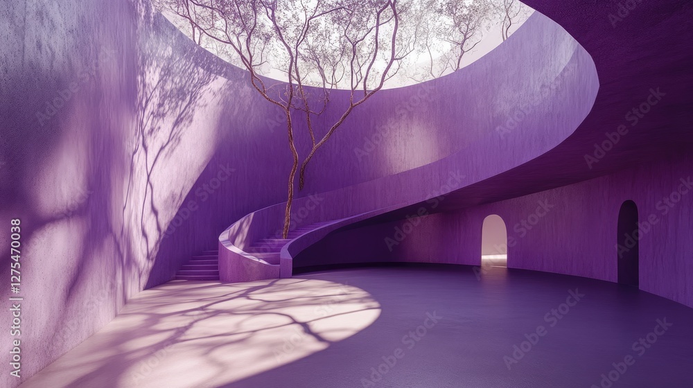 Poster A minimalist purple concrete space featuring curved structures and light that casts delicate tree branch shadows across the floor