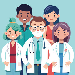 Obraz premium Multiethnic doctor team group with leader isolated vector illustration. Set of smiling doctors, nurses, paramedics. Different male and female medic workers in uniform with stethoscopes.