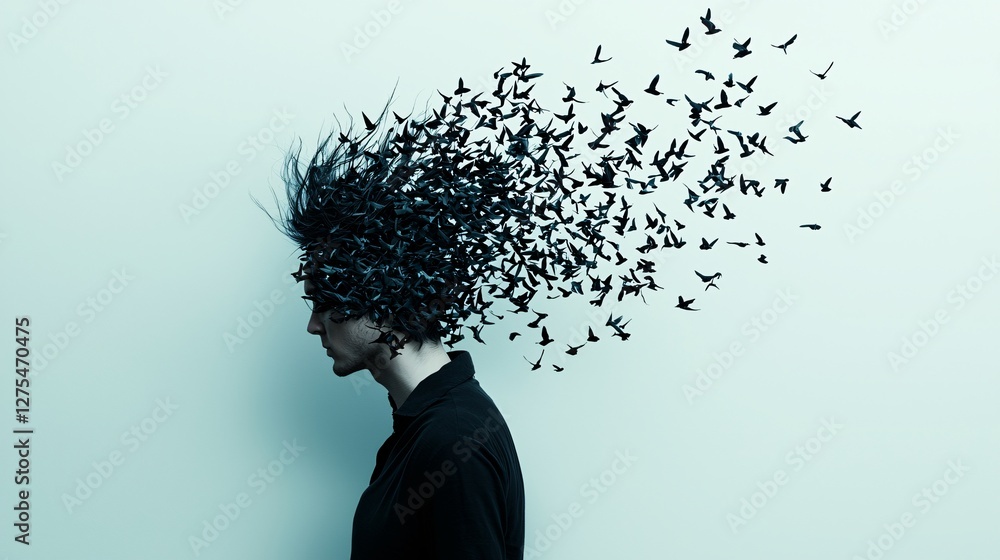 Poster a surreal portrait of a man dissolving into a flock of birds, motion blur adding a dreamlike effect,