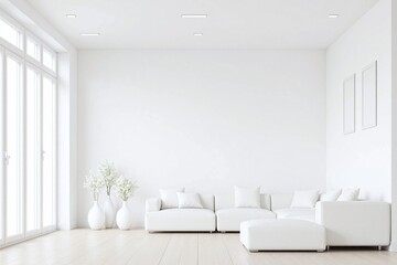 Modern living room high ceiling white walls white furniture