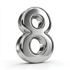 Number 8 made of polished silver metal with a reflective surface isolated on a clean white background
