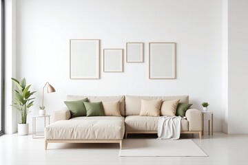 Fototapeta premium Modern living room large beige sofa side table pictures