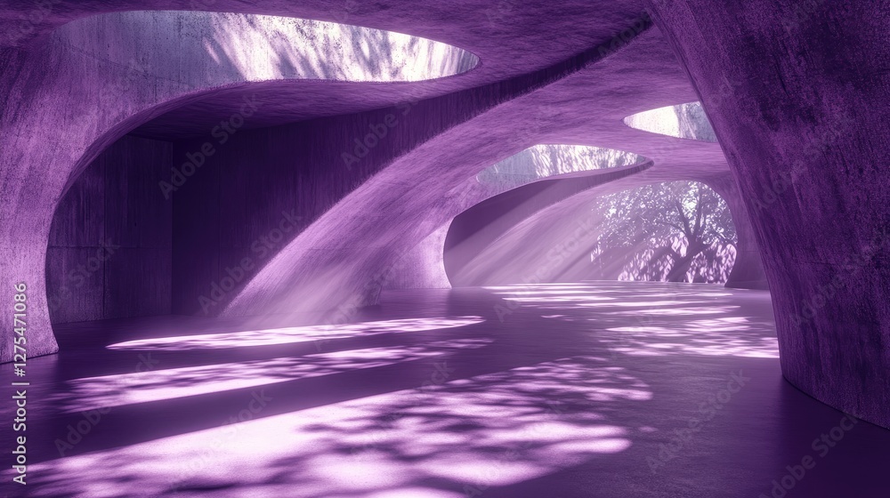Poster a purple futuristic concrete room with smooth curves and rough textures, where light beams create sh