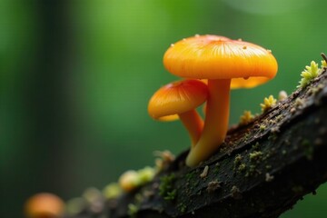 Small orange fungus growing on a tree branch, caps rounded, stems short, growth, wild, mycology