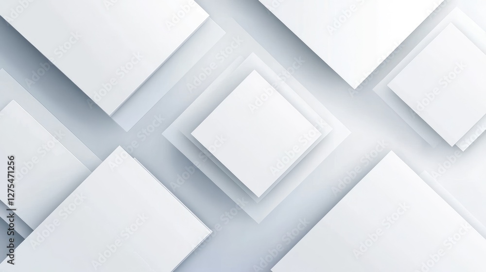 Poster A sleek abstract background with overlapping 3D squares in white and grey, casting soft shadows to create a sense of depth and modern elegance