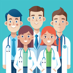 Obraz premium Multiethnic doctor team group with leader isolated vector illustration. Set of smiling doctors, nurses, paramedics. Different male and female medic workers in uniform with stethoscopes.