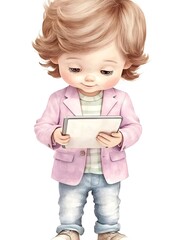 Cute Boy Using Tablet, Watercolor Illustration - Watercolor illustr.
