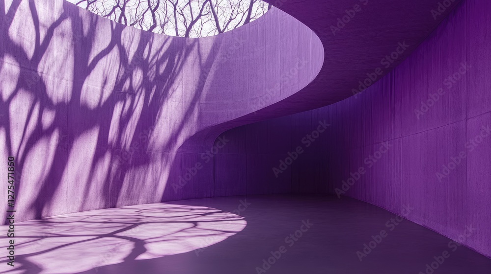 Aufkleber a spacious purple concrete room with smooth, curved walls and rough textures, casting soft tree bran