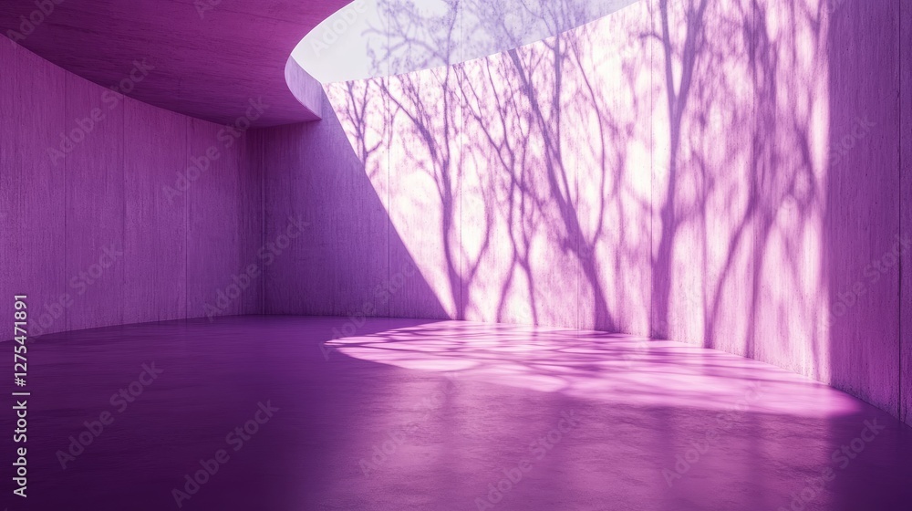 Poster a spacious purple concrete room with smooth, curved walls and rough textures, casting soft tree bran