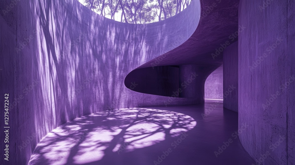 Poster a striking purple concrete interior with rounded walls and rough textures, illuminated by light that