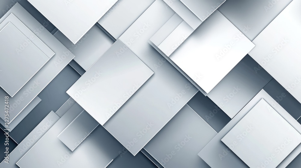 Poster A stylized abstract background featuring overlapping 3D white and grey squares, casting subtle shadows to create depth and a modern aesthetic