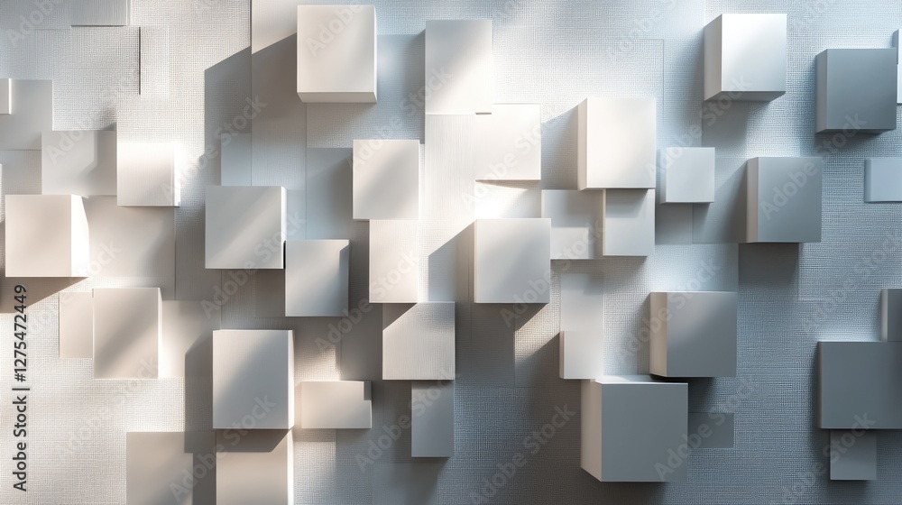 Poster A stylized abstract background featuring overlapping 3D white and grey squares, casting subtle shadows to create depth and a modern aesthetic