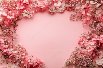 Pink flowers frame on pastel background, overhead