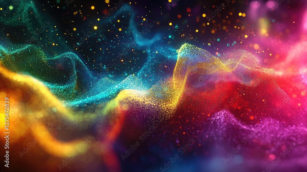 Aufkleber A vibrant abstract wave of digital particles flowing dynamically, symbolizing energy and the essence of modern technology in a colorful, futuristic design