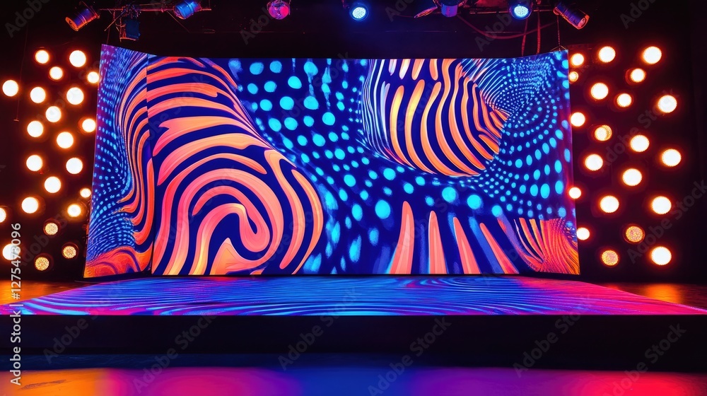 Poster A vibrant and energetic stage backdrop featuring swirling patterns and glowing bulbs, exuding a playful and dynamic atmosphere for events