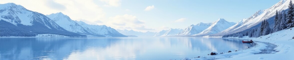 Snowy mountains with a frozen lake in the distance, vast, serene, lake