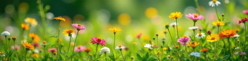 Obraz premium Abundant wildflowers blooming amidst lush green foliage, bloom, foliage, field