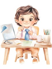 Cute Toddler Boy at Desk, Watercolor Illustration -  Watercolor ill.