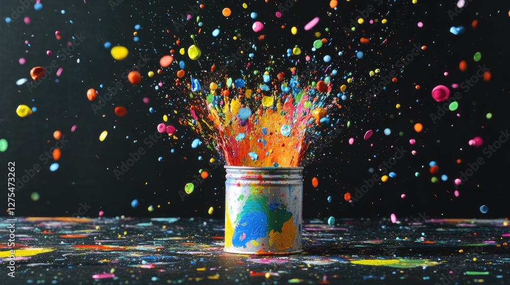 Poster a vibrant explosion of colorful paint splatters bursting from a small paint can, set against a black