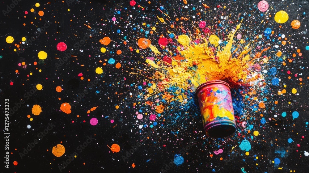 Poster a vibrant explosion of colorful paint splatters bursting from a small paint can, set against a black