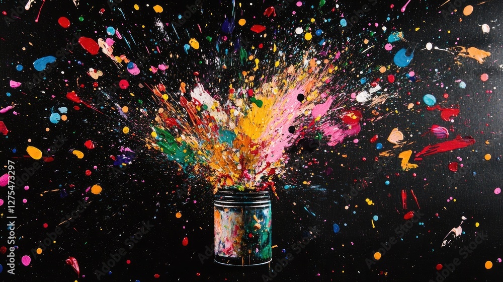 Poster a vibrant explosion of colorful paint splatters bursting from a small paint can, set against a black
