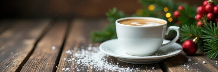 Snowy white ceramic cup on a rustic wooden table, Christmas decorations, Christmas coffee, decoration