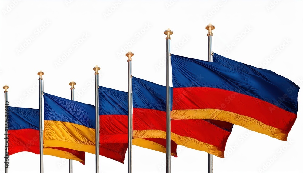 Aufkleber stark white backdrop illuminated by fluttering colored flags, showcasing vibrant emblems and symbols