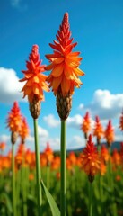 Hot kniphofia tritoma flowers against a bright blue sky, field of flowers, torch lily, blue sky