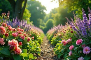 Obraz premium A picturesque summer garden filled with radiant flowering plants, including juicy raspberry bushes and lavender, botanical, juicy raspberry bushes, colorful