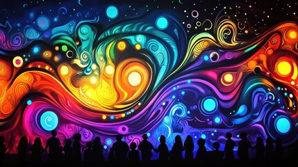 Obraz premium A vibrant stage backdrop with swirling colorful patterns and illuminated bulbs, creating a high-energy atmosphere perfect for performances and events