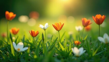 Fototapeta premium Softly glowing flowers in a lush green meadow, serene, natural, floral