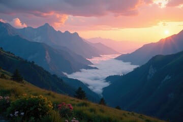 Softly glowing clouds float across a serene valley at dusk, peaceful, mountains
