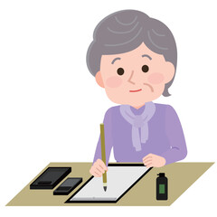 習字をする高齢者の女性　イラスト