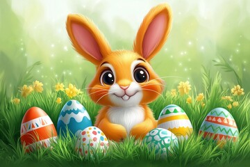 Smiling Cartoon Easter Bunny with Colorful Decorated Eggs in Green Grass &ndash; Cute Spring Holiday Illustration