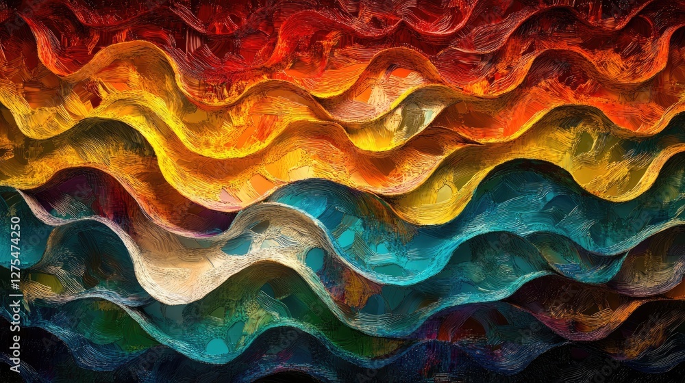Poster abstract 3d waves in vivid colors create a mesmerizing, vibrant pattern on a dark background, full o