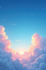 Soft pastel blue sky with white fluffy clouds and twinkling stars at sunset, whimsical, clouds, serene